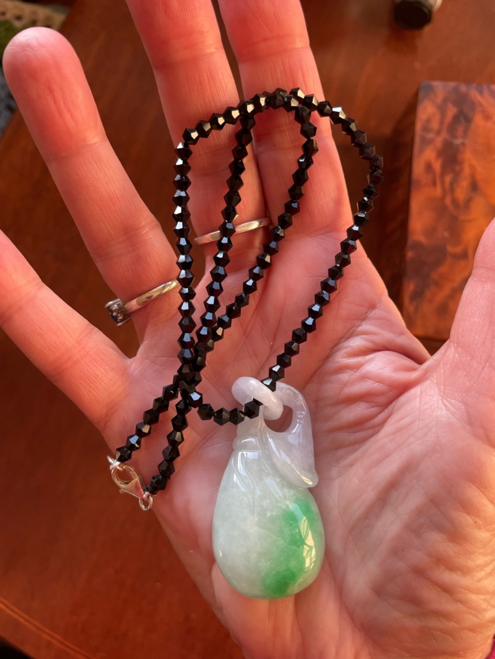 Genuine Natural Hand Carved Jadeite Gourd on Natural Black Spinel bead Necklace